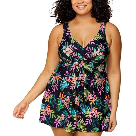 Island Escape Plus Size Twist-Front Underwire Swim Dress, Multi Size 18W 0362 - Picture 1 of 3
